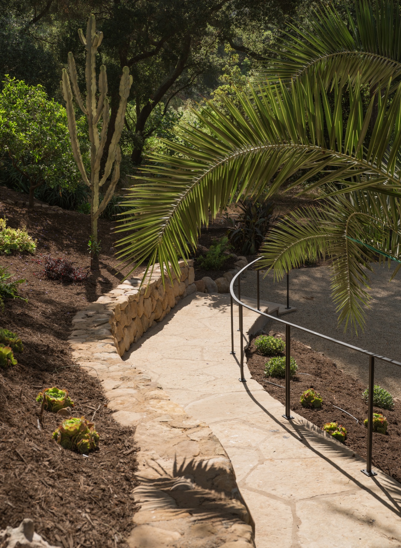 Flagstone path winding through the planted grounds